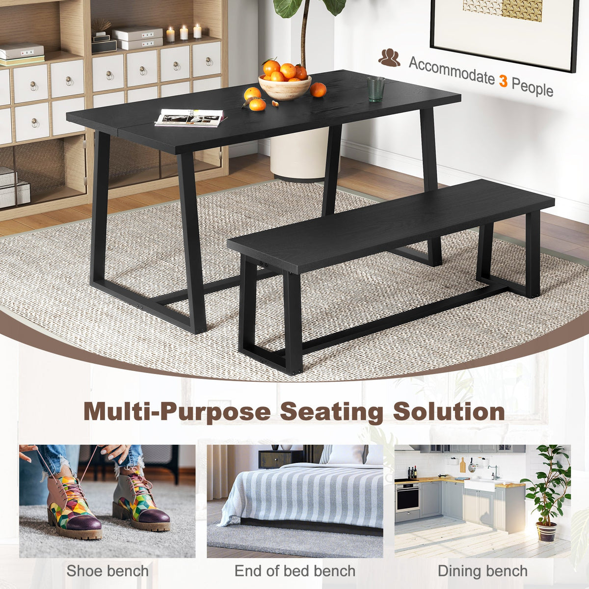 Wood Dining Bench with Metal Frame and Adjustable Footpads