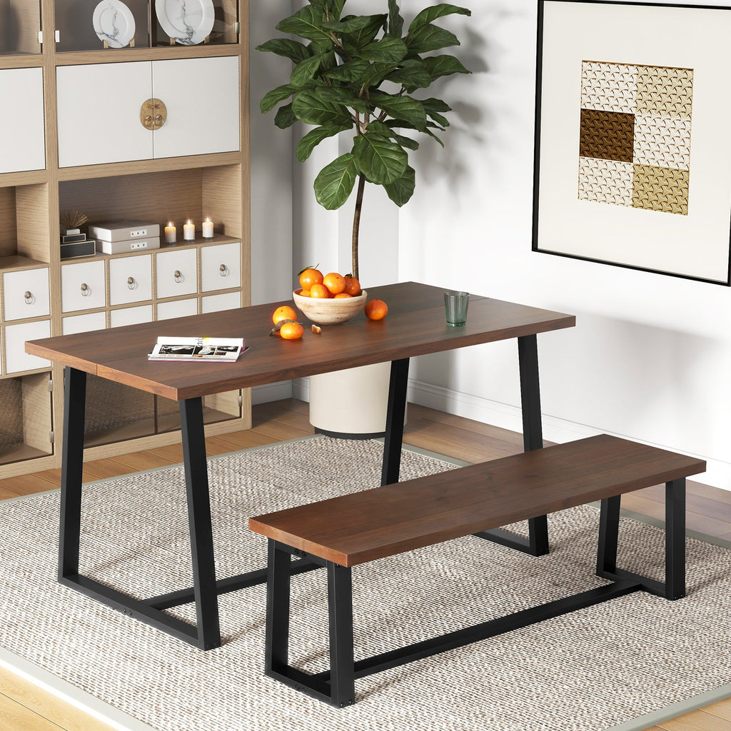 Wood Dining Bench with Metal Frame and Adjustable Footpads