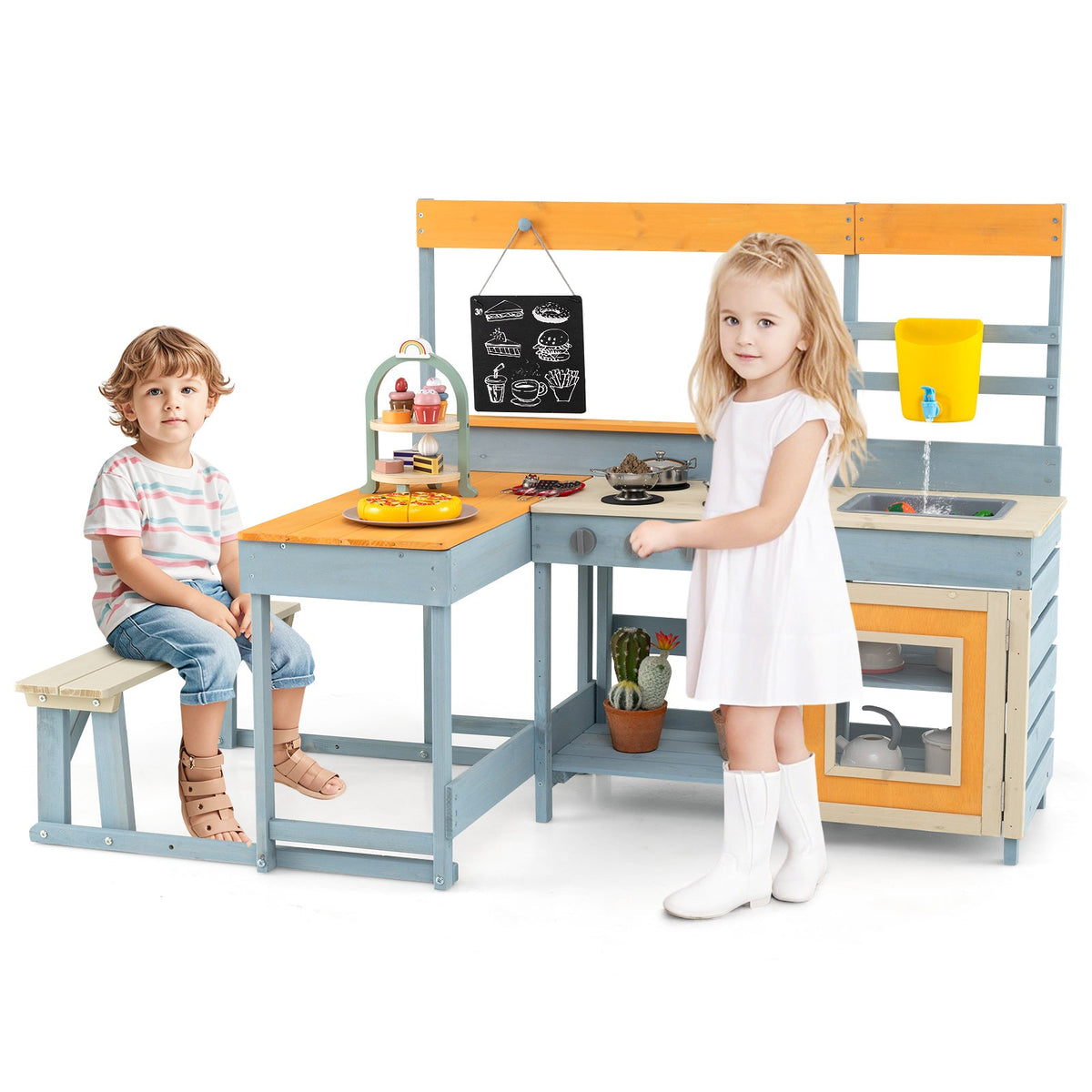 Fir Wood Play Kitchen with Kids Picnic Table and Built-in Bench-Gray