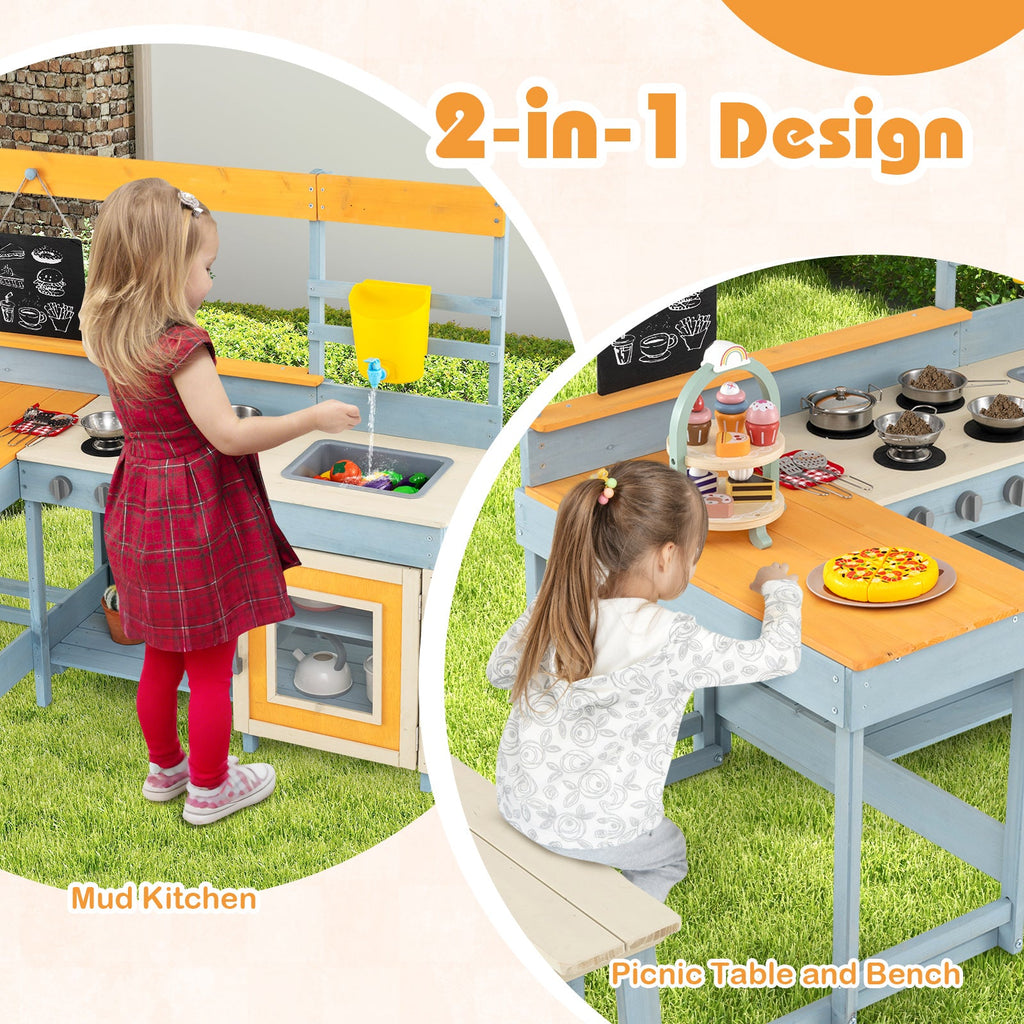 Fir Wood Play Kitchen with Kids Picnic Table and Built-in Bench-Gray