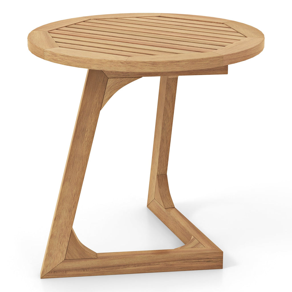Teak Wood Side Table Round Sofa End Table with Slatted Tabletop