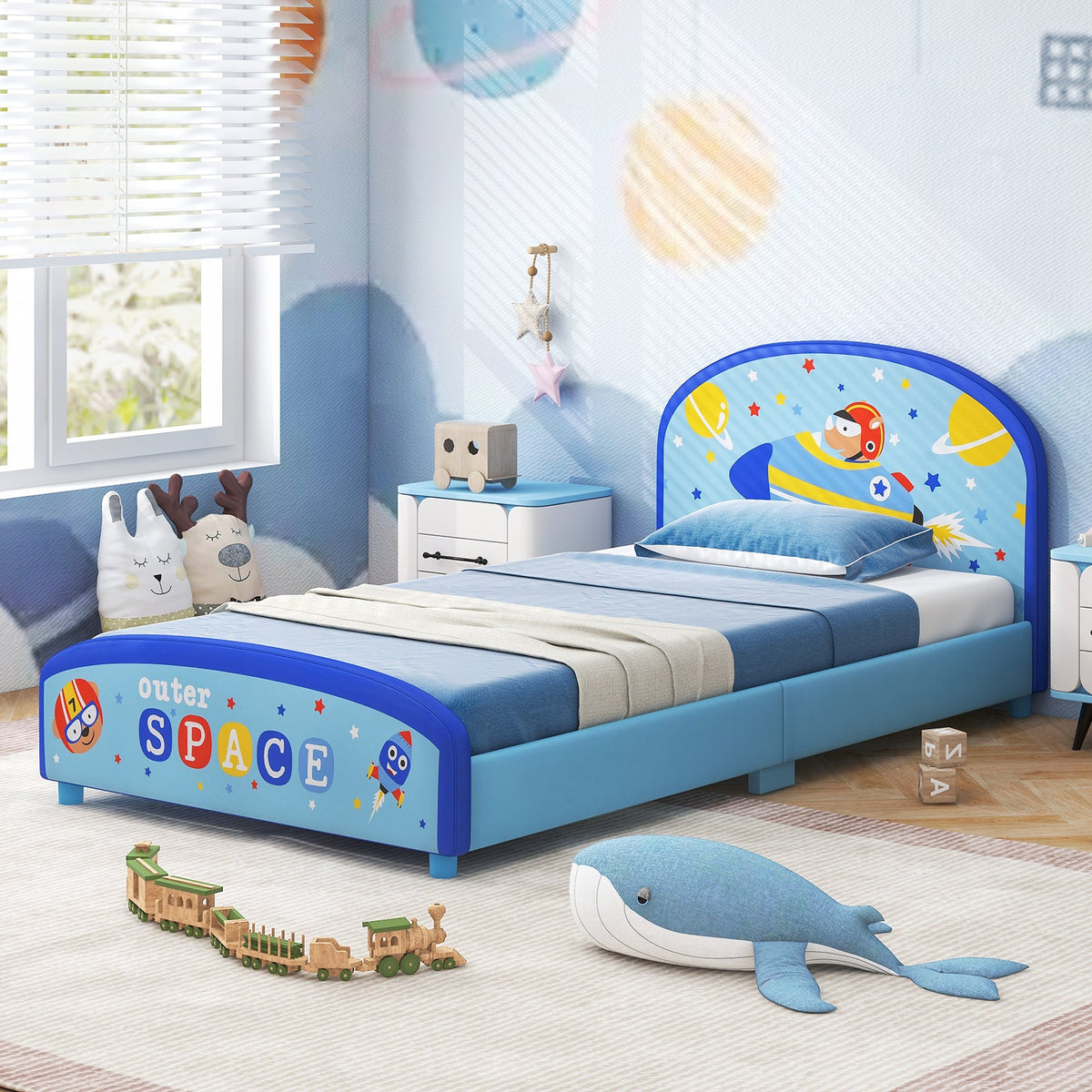 Wood Upholstered Twin Bed Platform with Slat Support