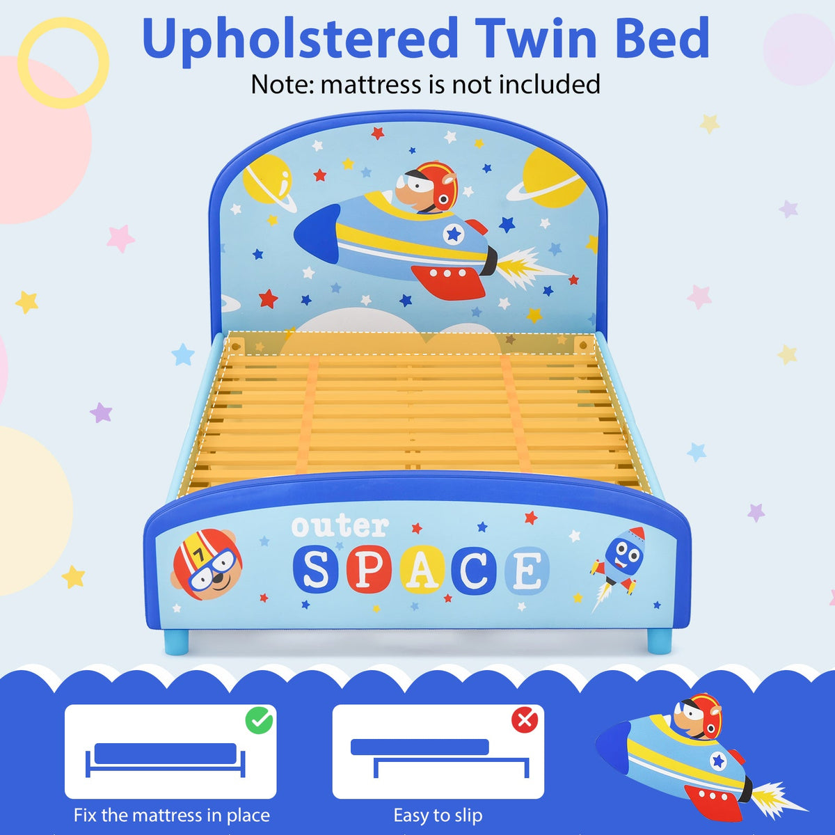 Wood Upholstered Twin Bed Platform with Slat Support