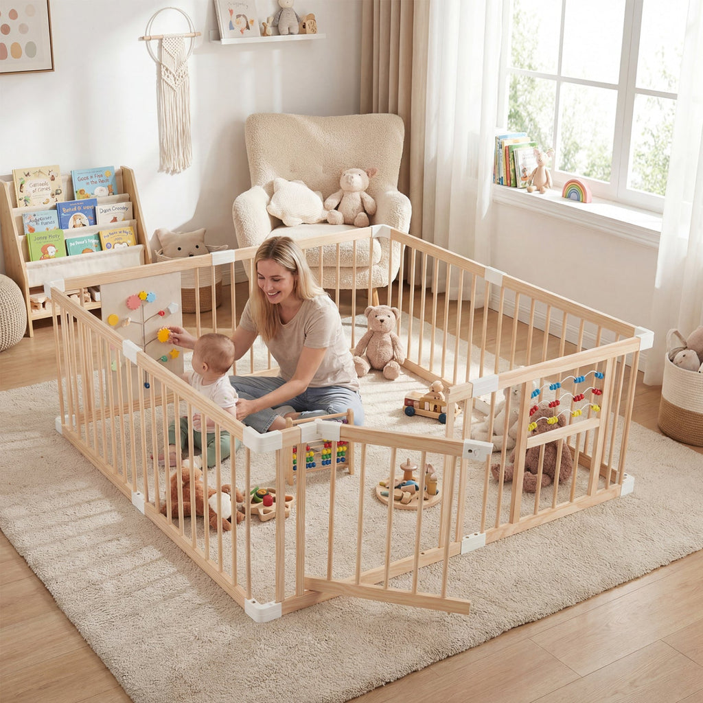 Wooden Baby Playpen Adjustable Large Play Yard for Infants-Natural