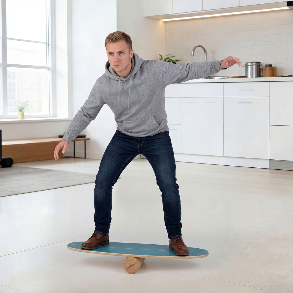 Wooden Balancing Board with Cork Roller and Storage Rack to Exercise