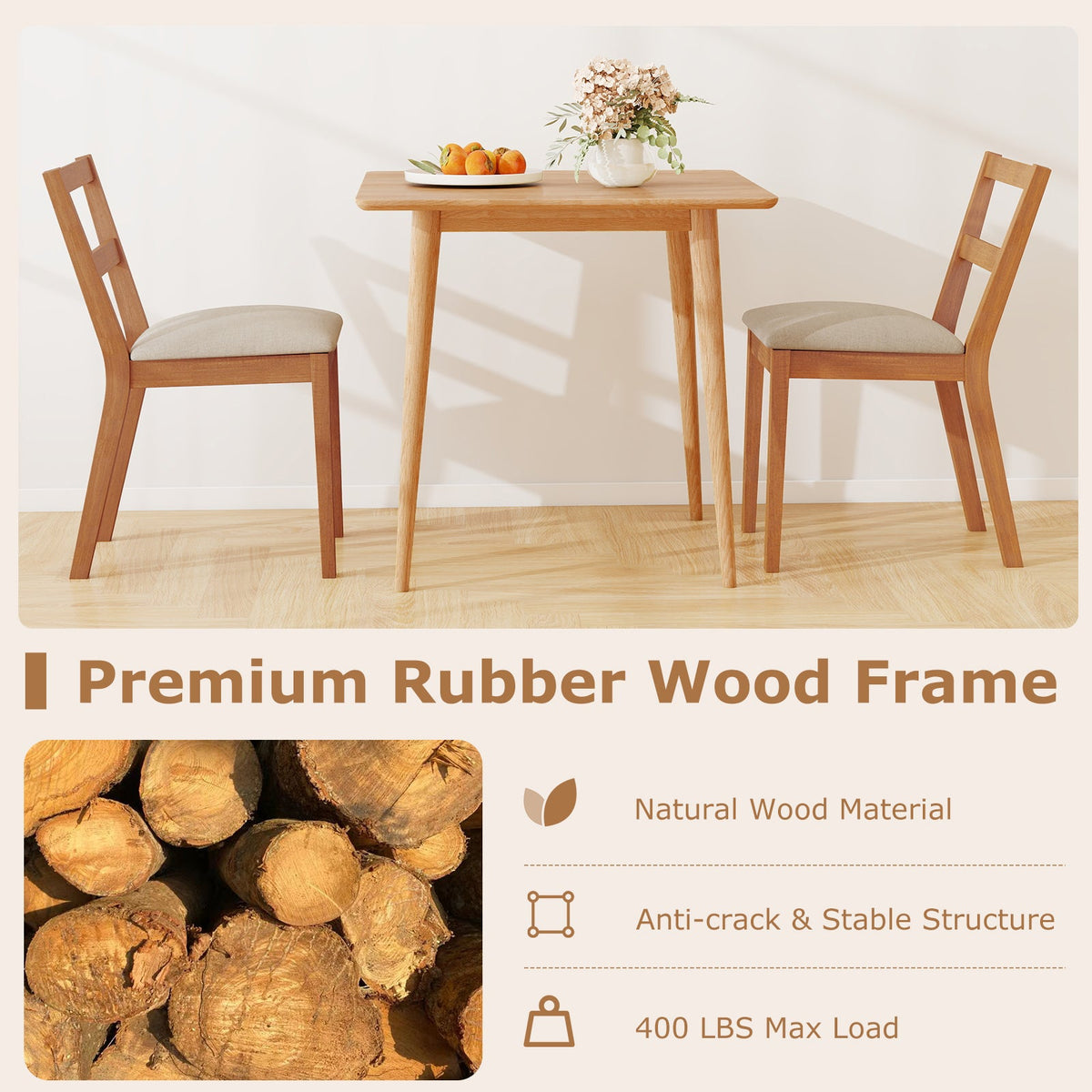 Wooden Dining Chair Set of 2 Farmhouse Kitchen Chair with Upholstered Seat-Brown