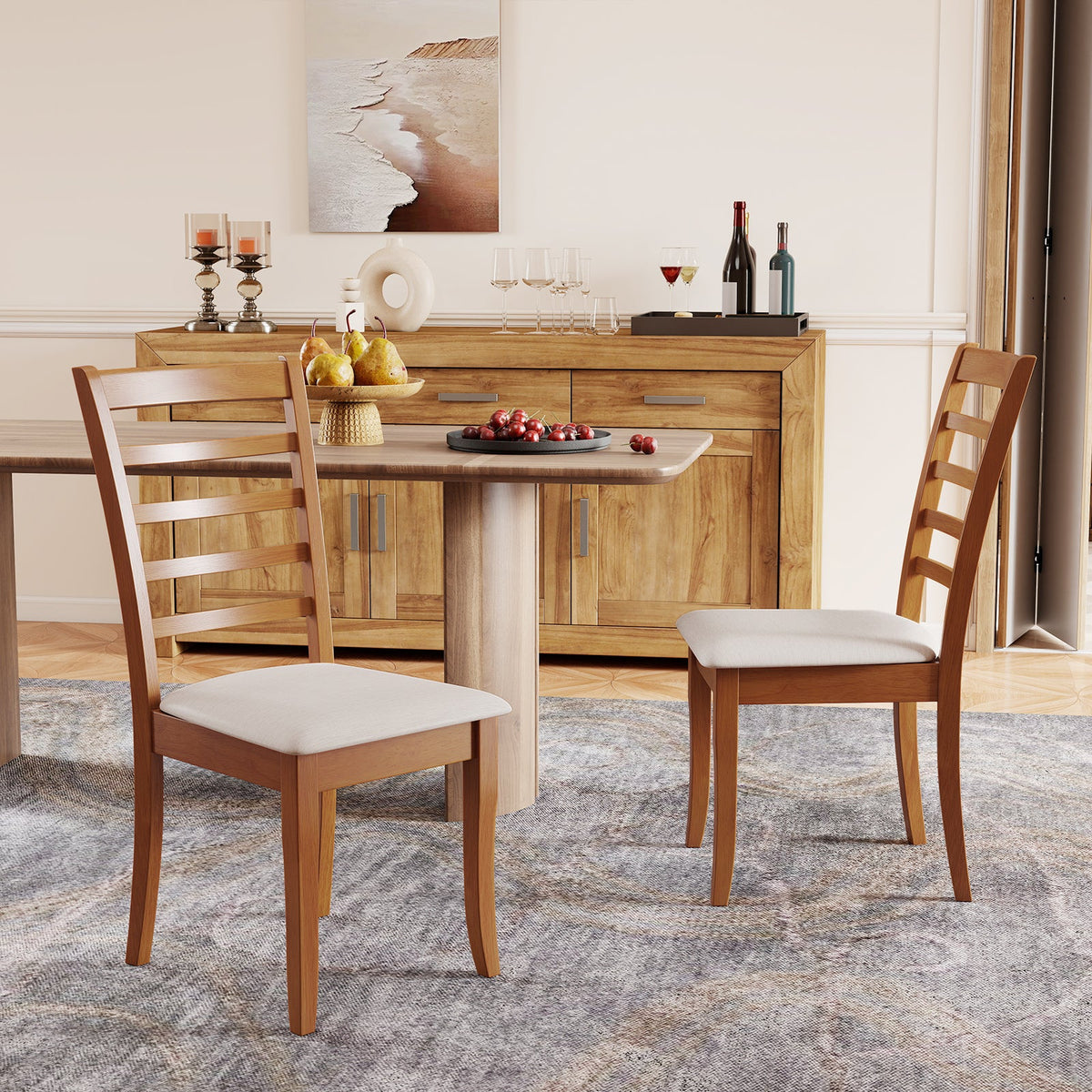 Wooden Dining Chair Set of 2 Modern Upholstered Kitchen Chair-Beige