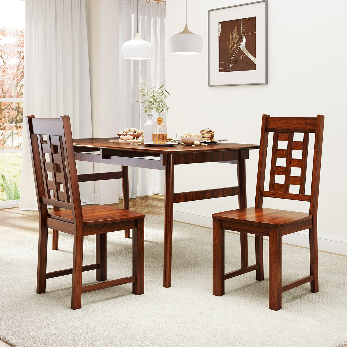 Wooden Dining Chairs Set of 2 Kitchen Chair with Solid Rubber Wood Frame-Walnut