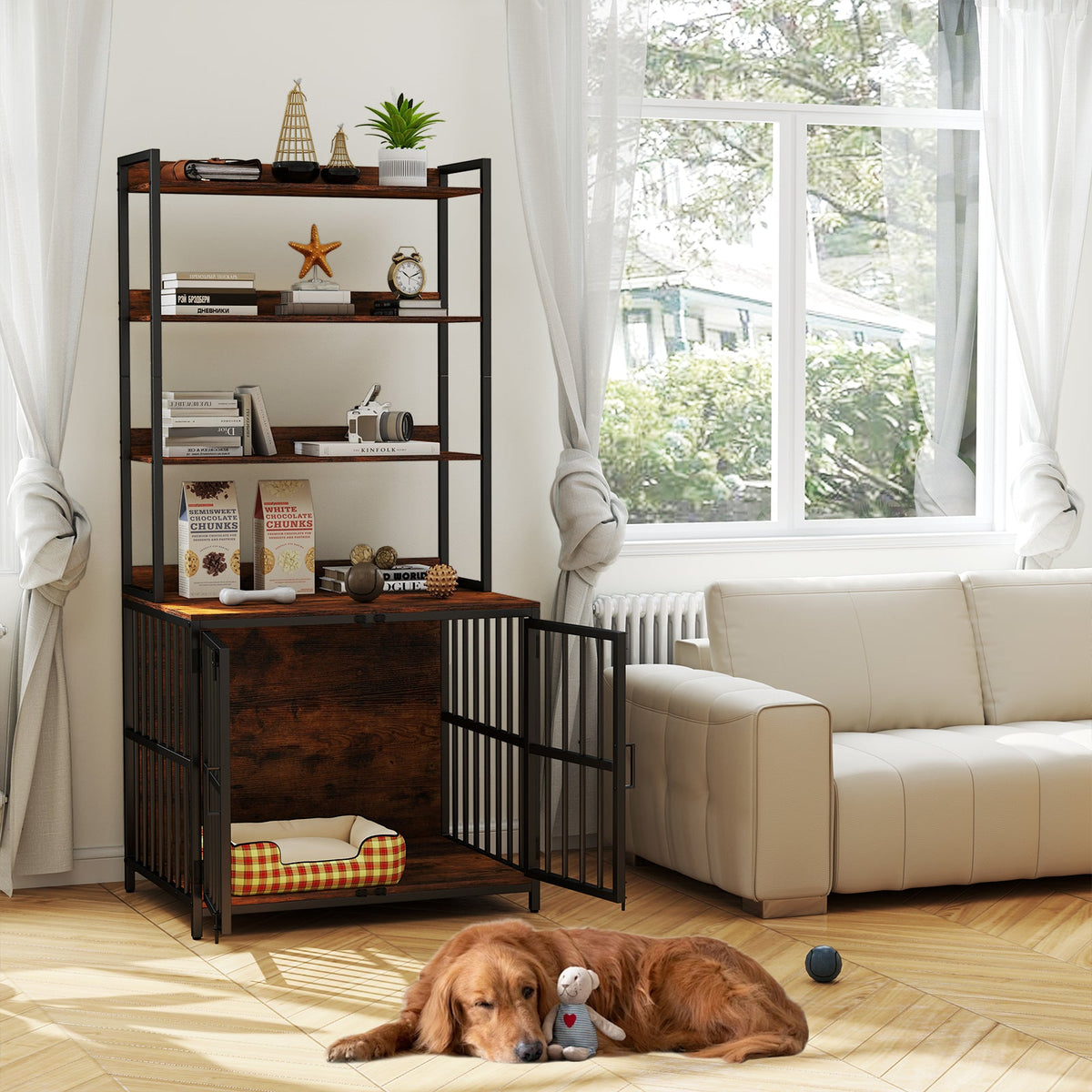 Wooden Dog Crate Furniture with Storage Shelves and Double Doors-Rustic Brown