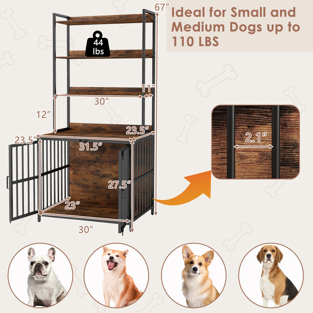 Wooden Dog Crate Furniture with Storage Shelves and Double Doors-Rustic Brown
