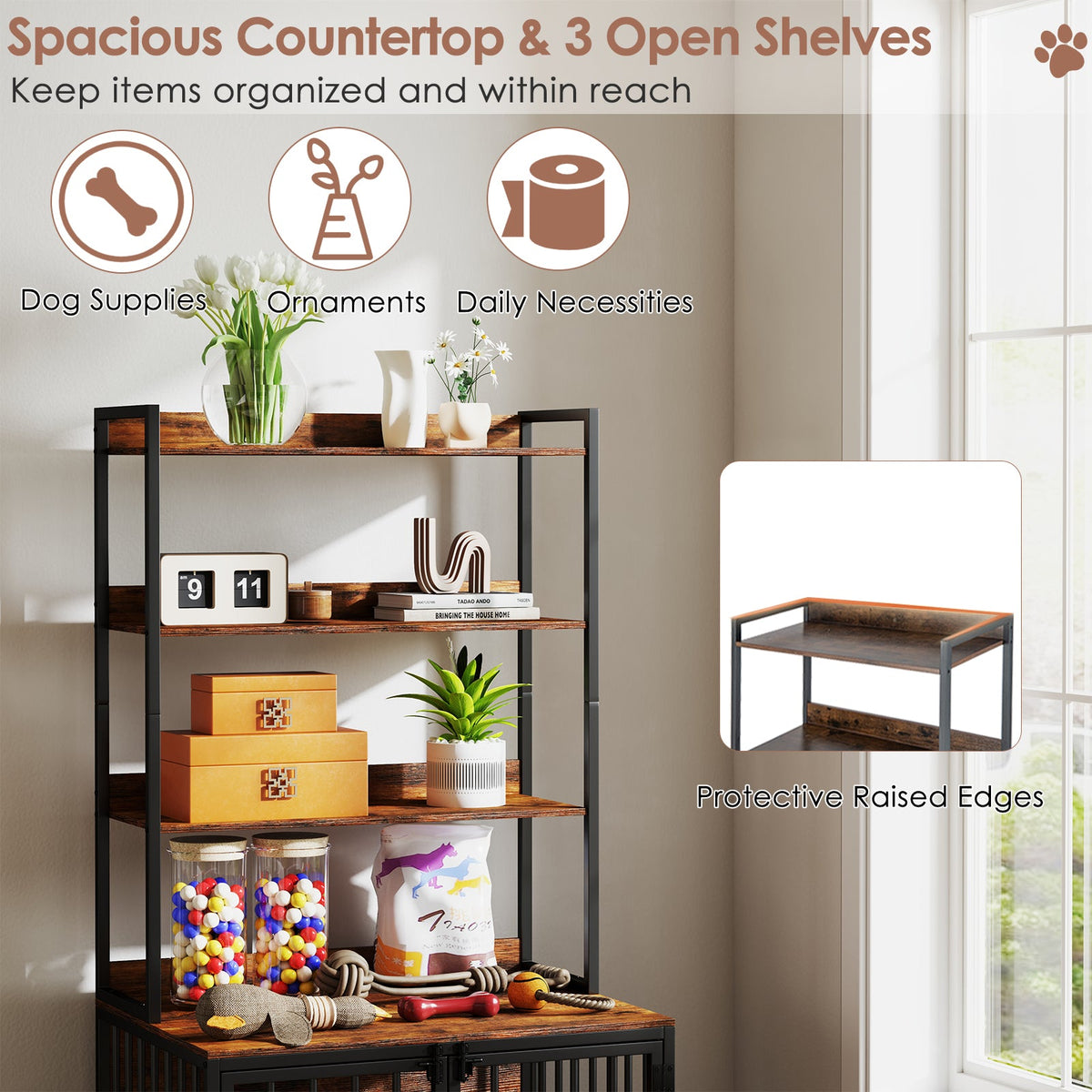 Wooden Dog Crate Furniture with Storage Shelves and Double Doors-Rustic Brown