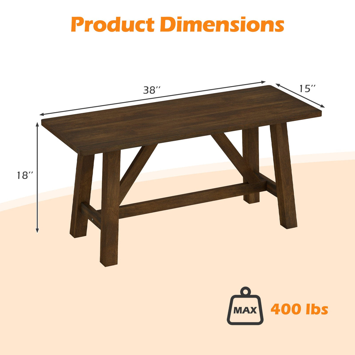 Wooden Entryway Bench Farmhouse Dining Bench with 400 LBS Weight Capacity-Brown