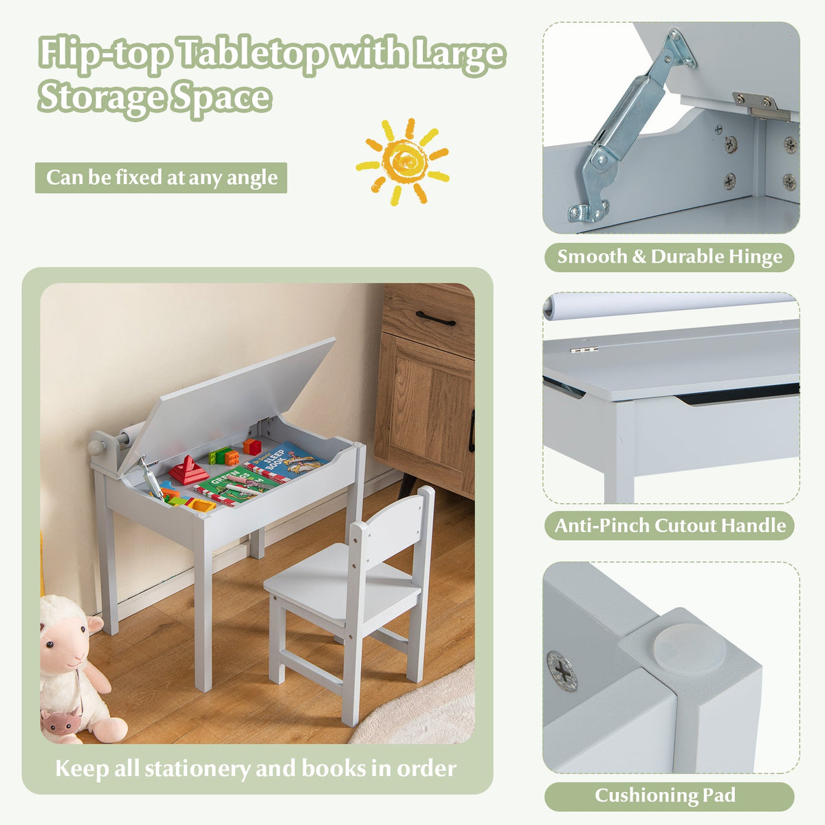 Wooden Kids Table and Chair Set with Storage and Paper Roll Holder