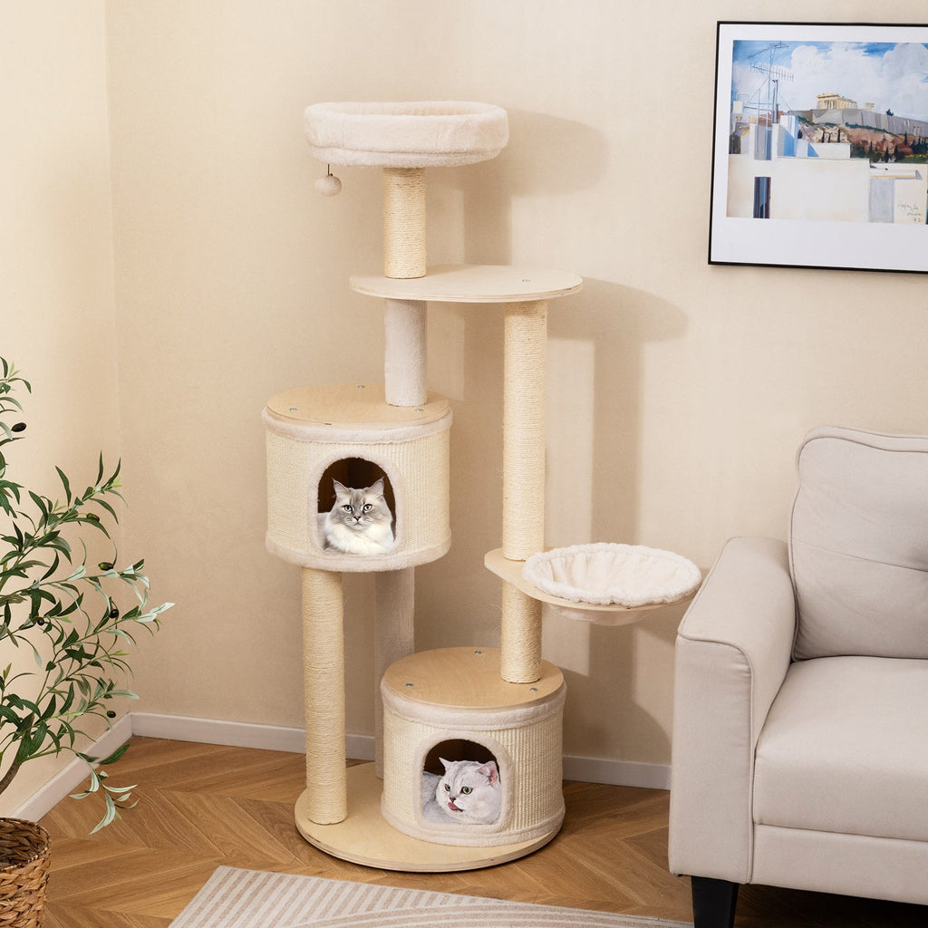 Wooden Kitten Tower with Sisal Scratching Posts and 2 Condos-Natural