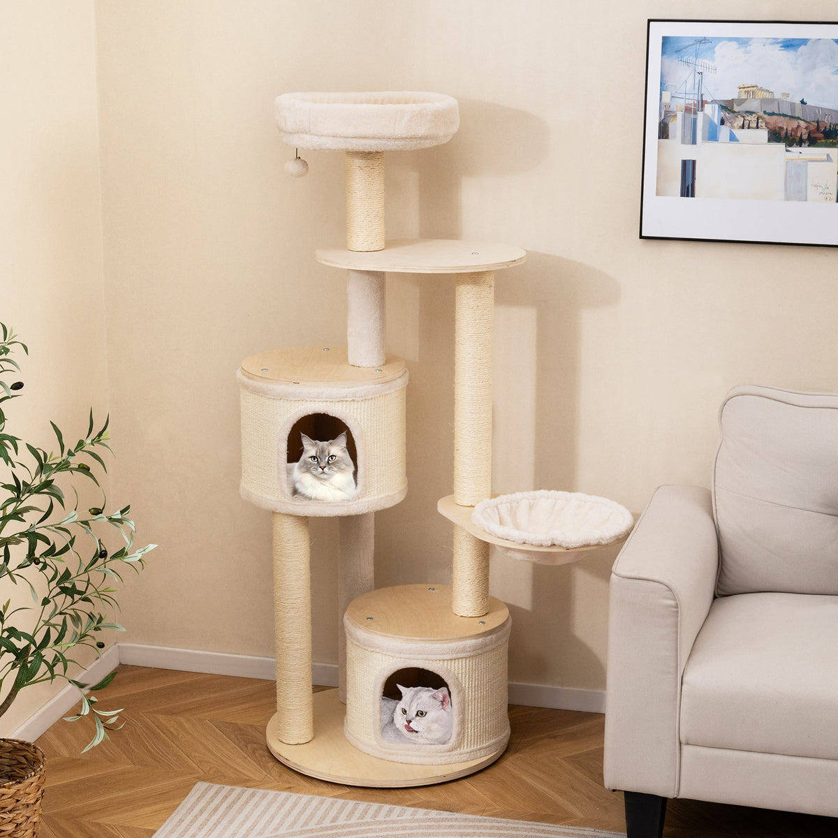 Wooden Kitten Tower with Sisal Scratching Posts and 2 Condos-Natural