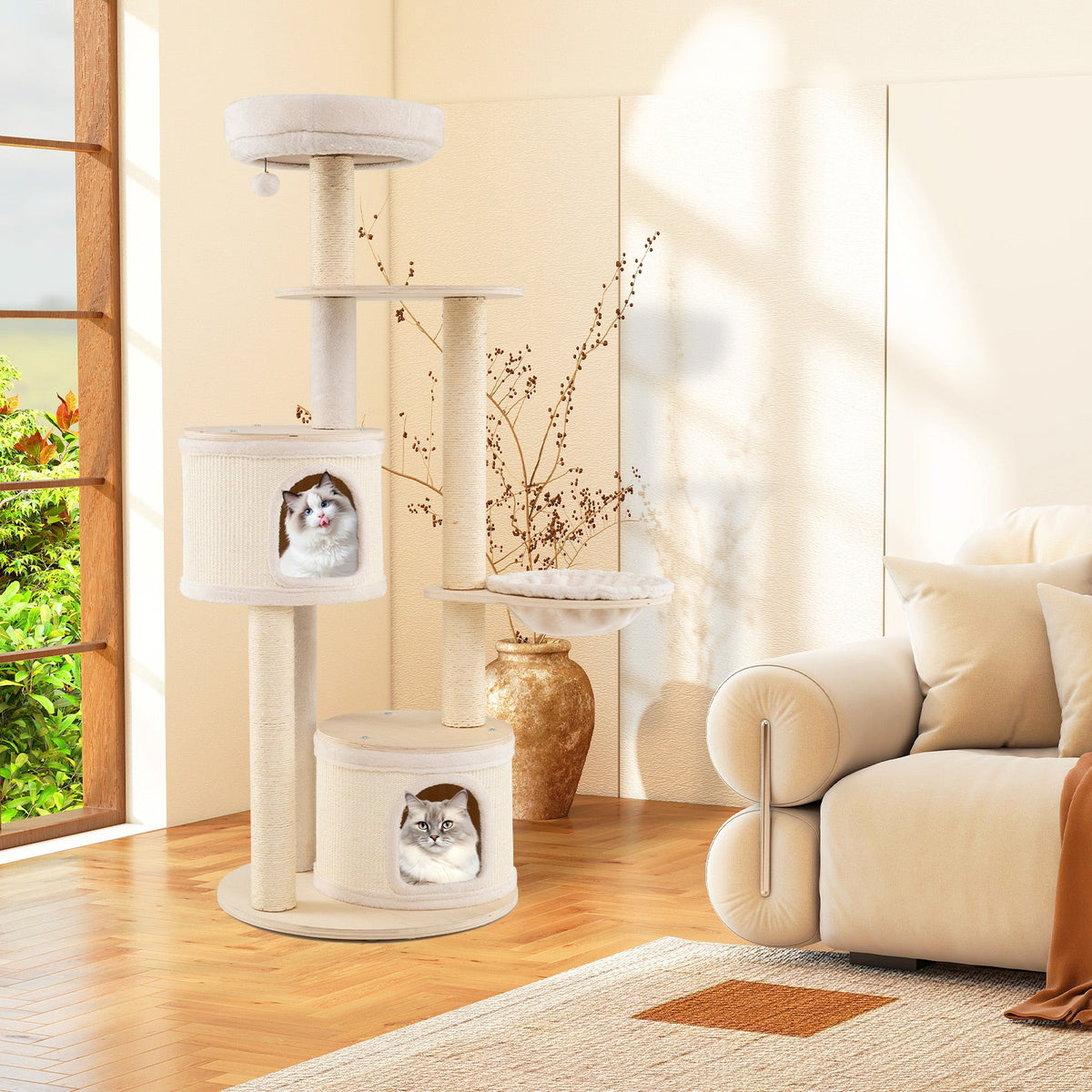 Wooden Kitten Tower with Sisal Scratching Posts and 2 Condos-Natural