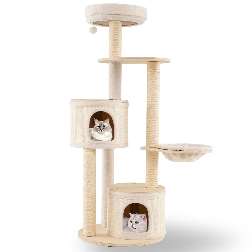 Wooden Kitten Tower with Sisal Scratching Posts and 2 Condos-Natural