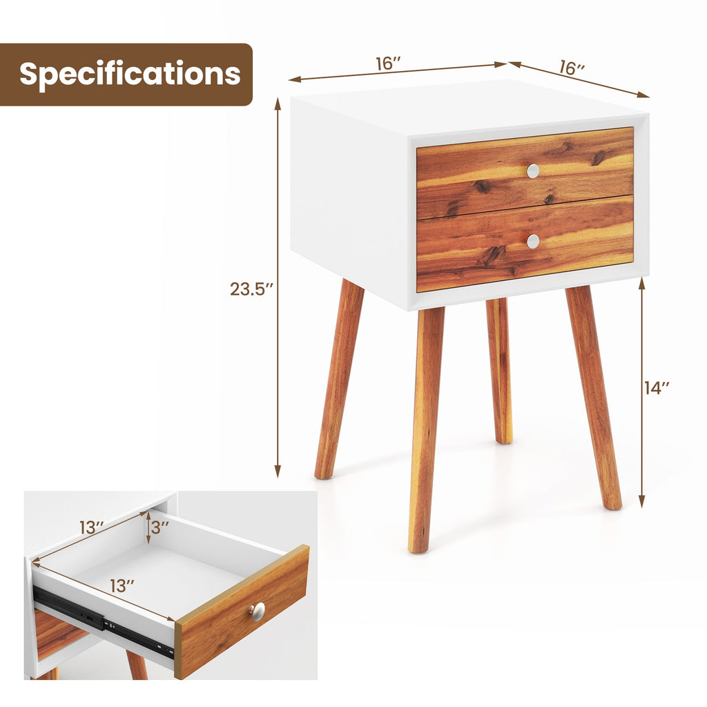 Wooden Nightstand Mid-Century End Side Table with 2 Storage Drawers