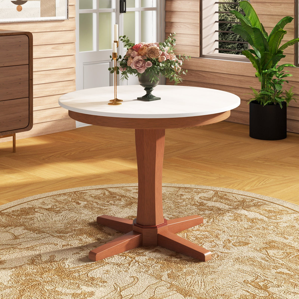 35 Inches Wooden Round Dining Table with Pedestal Base-White