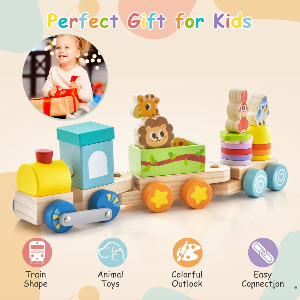 Wooden Stackable Educational Train Set with Colorful Animal Toys and Retractable Locomotive