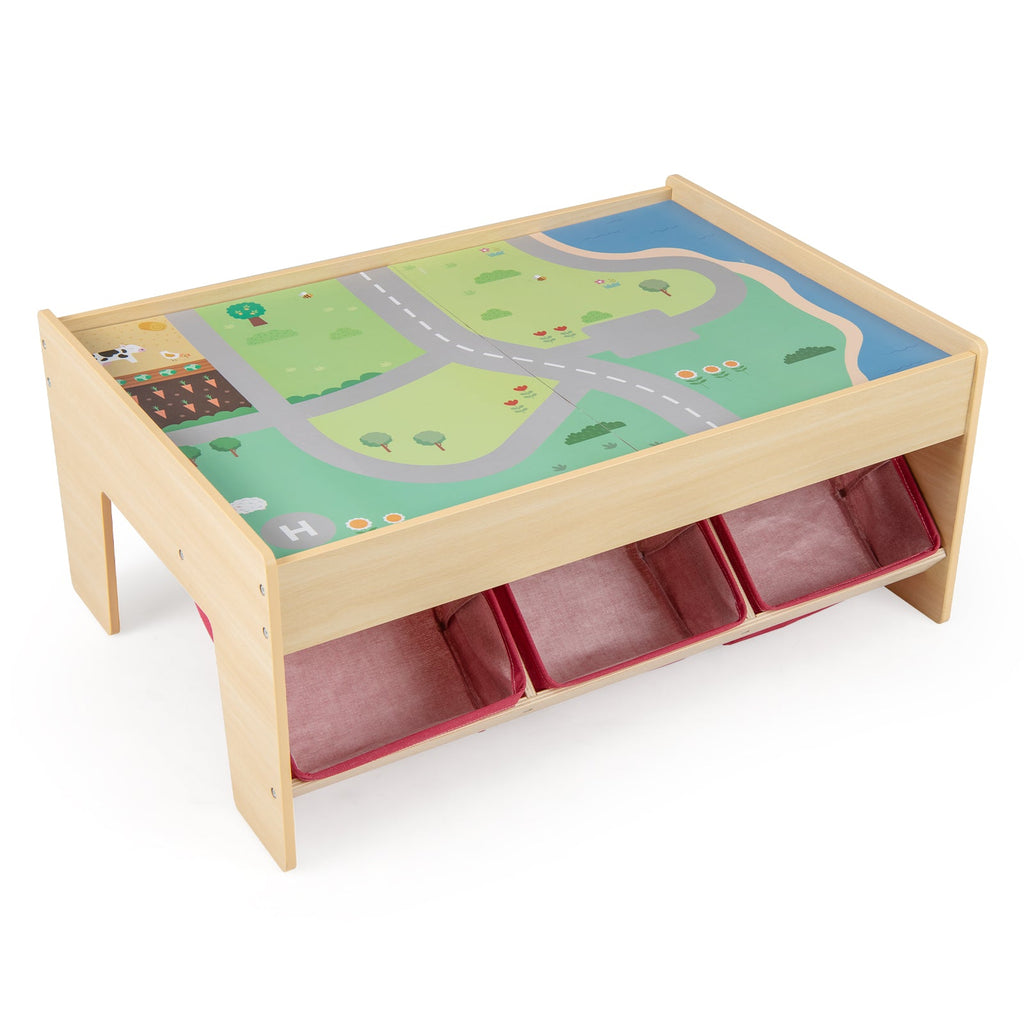 Wooden Train Set Table Kids Multipurpose Activity Play Table with 2 Reversible Tabletops-Red