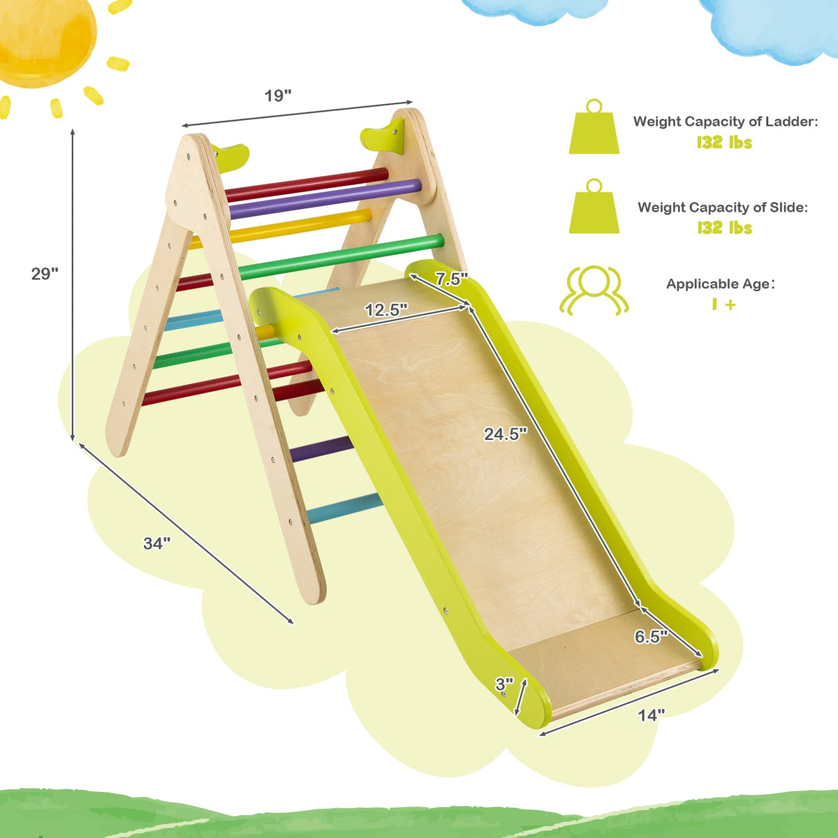 2-in-1 Wooden Triangle Climber Set with Gradient Adjustable Slide
