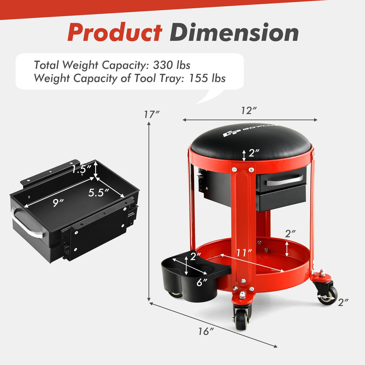 Rolling Mechanic Stool with Removable Padded Seat and Drawers