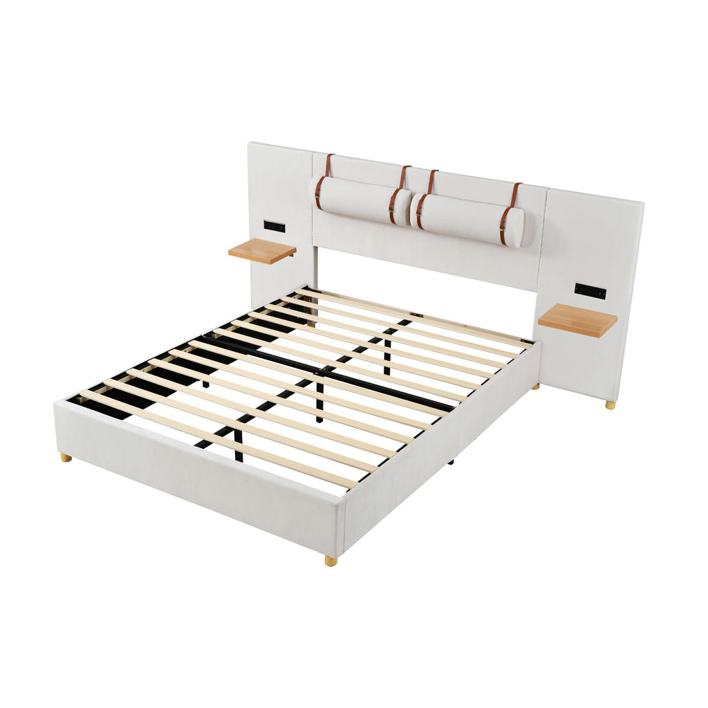 Upholstered Platform Bed, 2 Outlets And USB Charging Ports On Both Sides, 2 Bedside Pillows, Storage Shelves