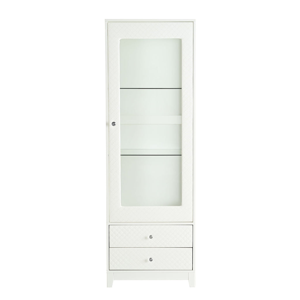 Modern Upholstered Glass Display Cabinet With Adjustable LED Light - White