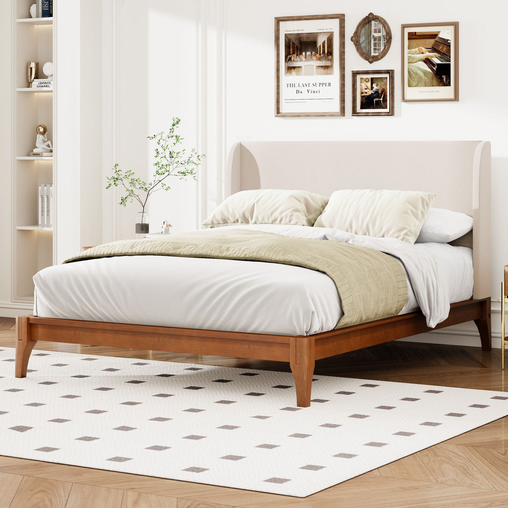 King Size Platform Bed With Upholstered High Headboard - Brown