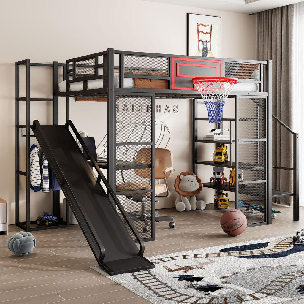 Loft Bed With Built In Desk, Open Wardrobe, Basketball Hoop, Slide And Staircase