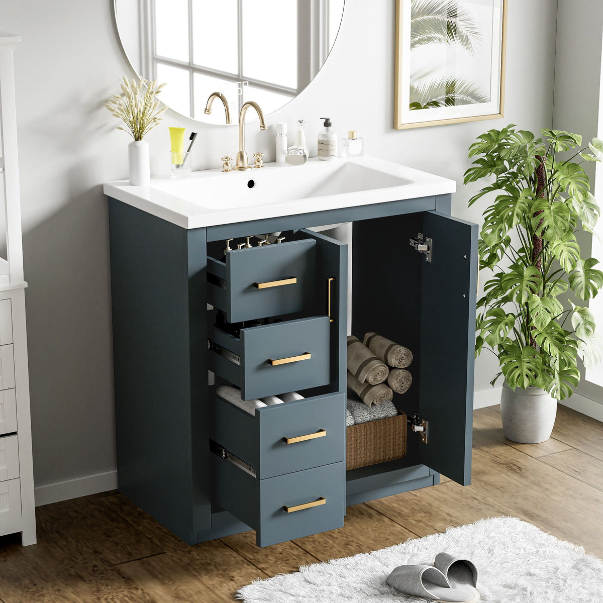 Ceramic Sink Combo, Freestanding Vanity Set With 3 Drawers & Soft Closing Doors