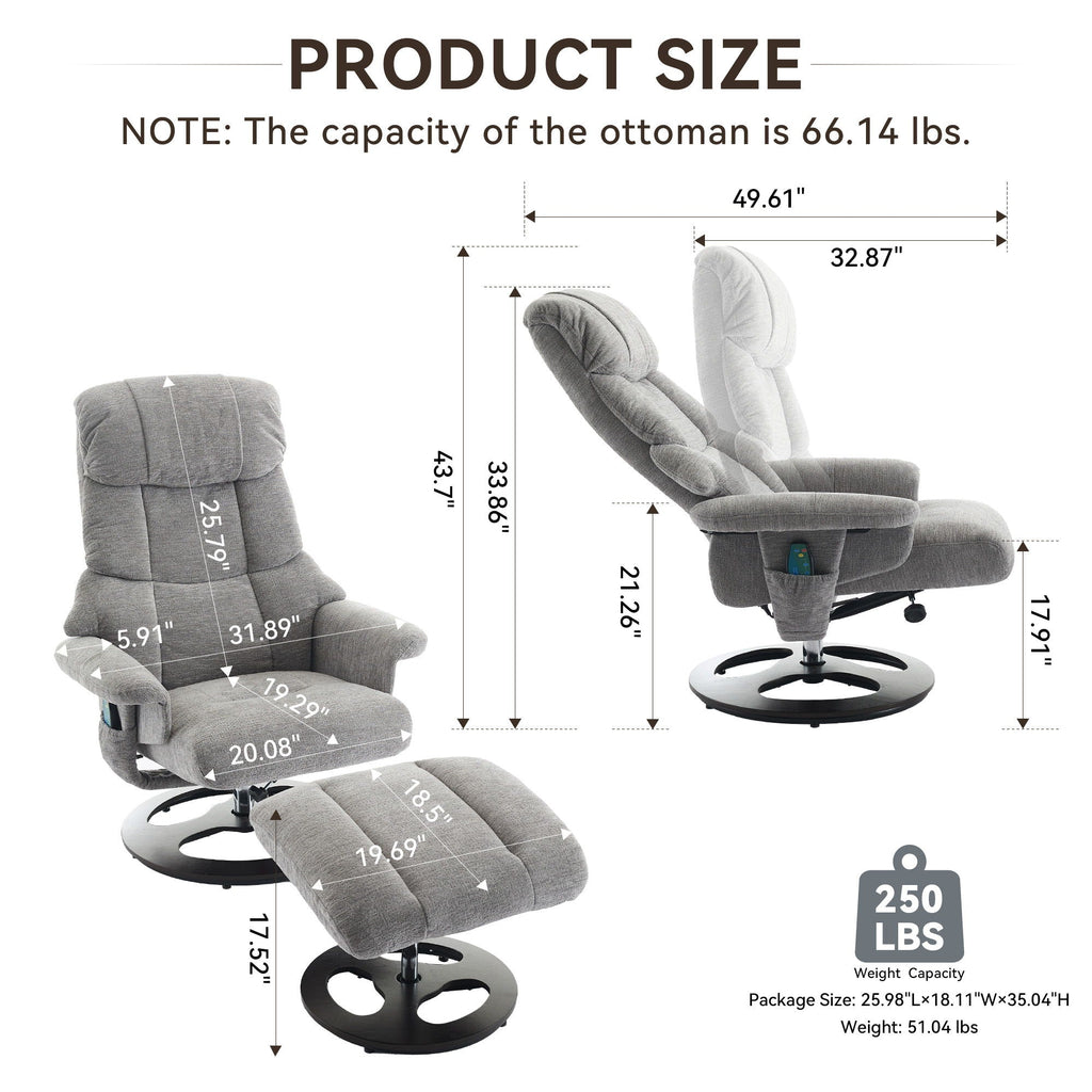 Ergonomic Recliner Chair With Ottoman, Modern 360° Swivel With Footstool