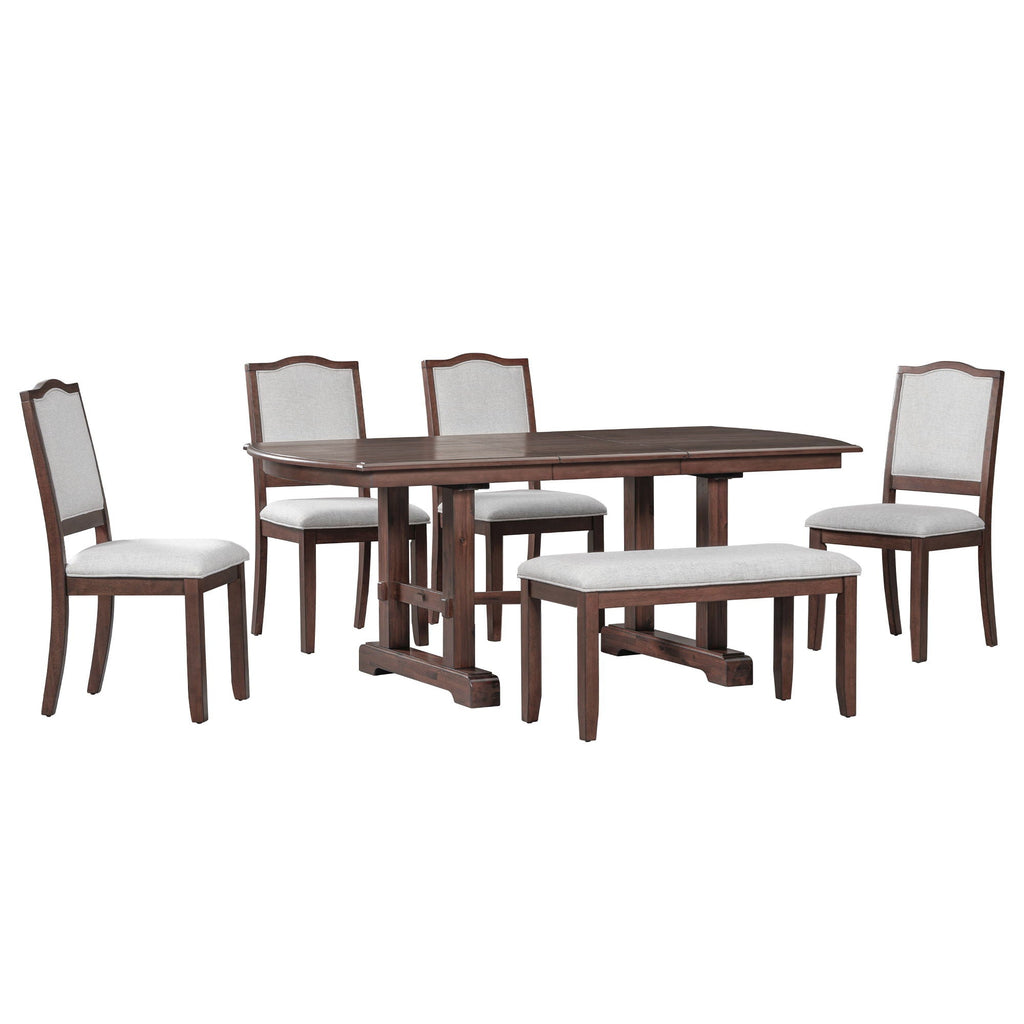 6 Piece Extendable Dining Table Set, Wood Table With Removable Leaf, 4 Upholstered Chairs And Bench - Cherry