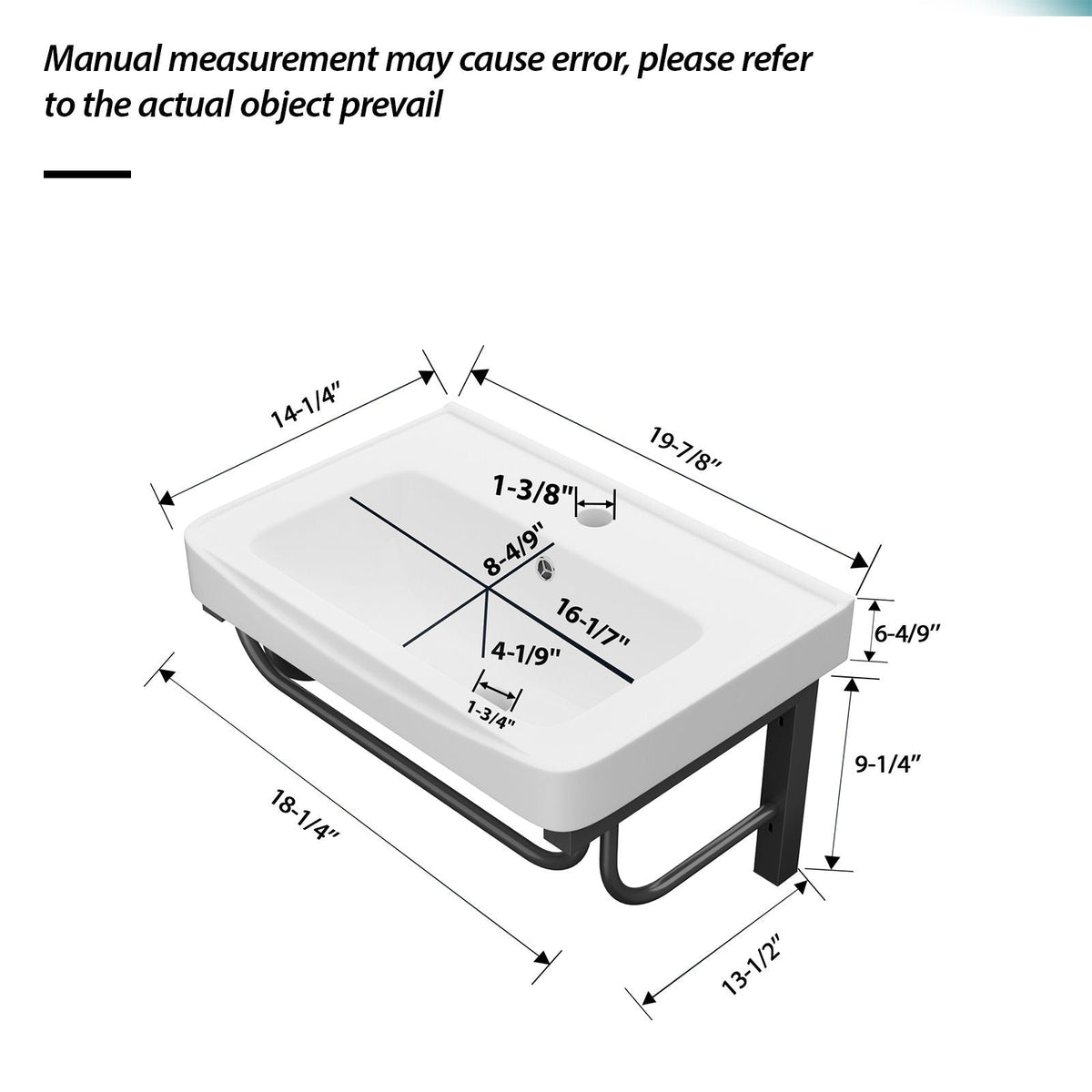 Wall Mounted Rectangular Bathroom Sink With 304 Stainless Steel Towel Bar & Overflow - White