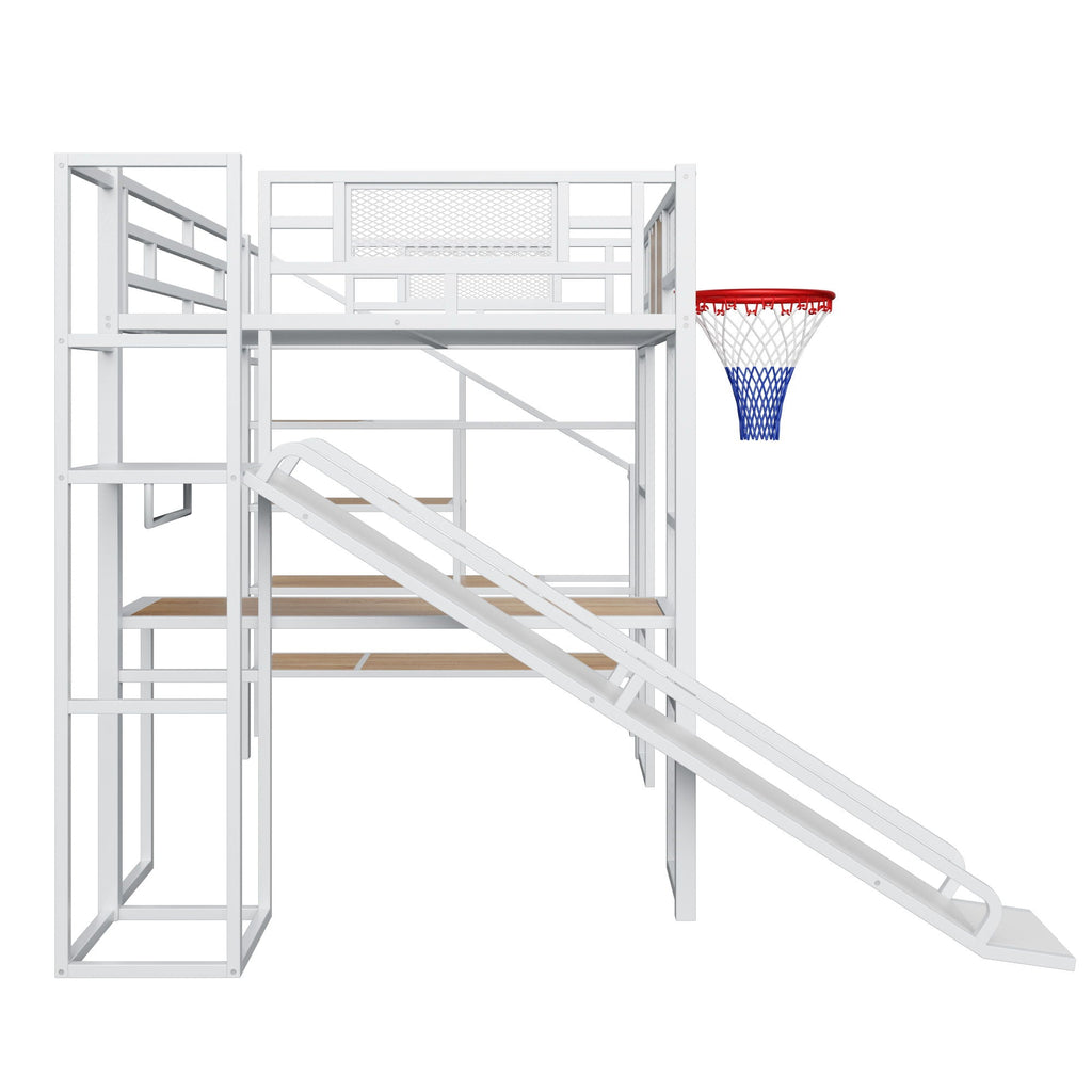 Loft Bed With Built In Desk, Open Wardrobe, Basketball Hoop, Slide And Staircase