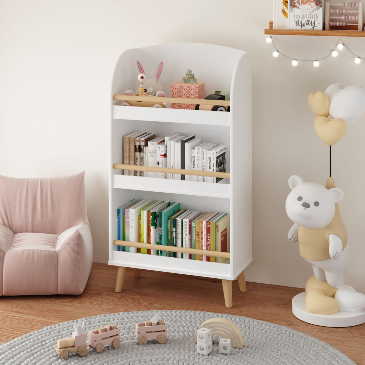 Bookshelf 3 Tier Book Organizer With Toy Storage - White