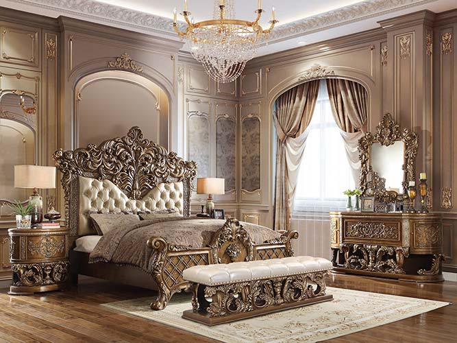 Constantine - Eastern King Bed - Synthetic Leather , Light Gold, Brown & Gold