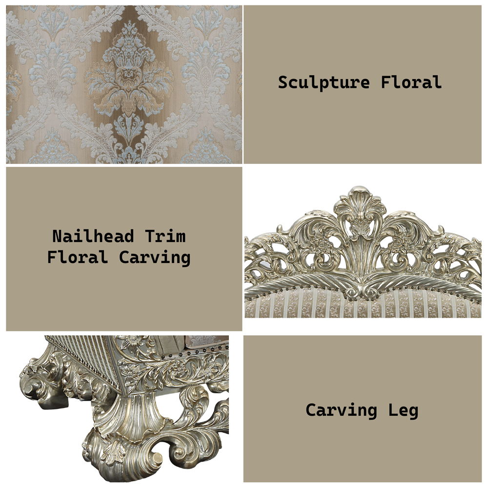Sorina - Loveseat With 5 Pillows - Velvet, Fabric & Antique Gold