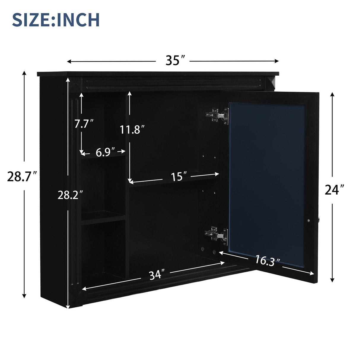 Wall-Mounted Bathroom Storage Cabinet With Mirror, 6 Open Shelves - Black
