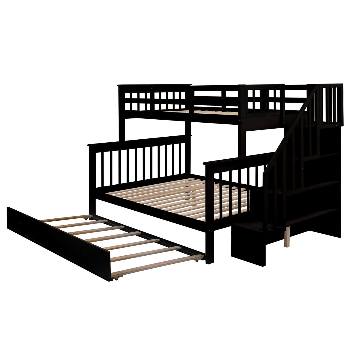 Bunk Bed With Twin Size Trundle, Storage And Guard Rail For Bedroom
