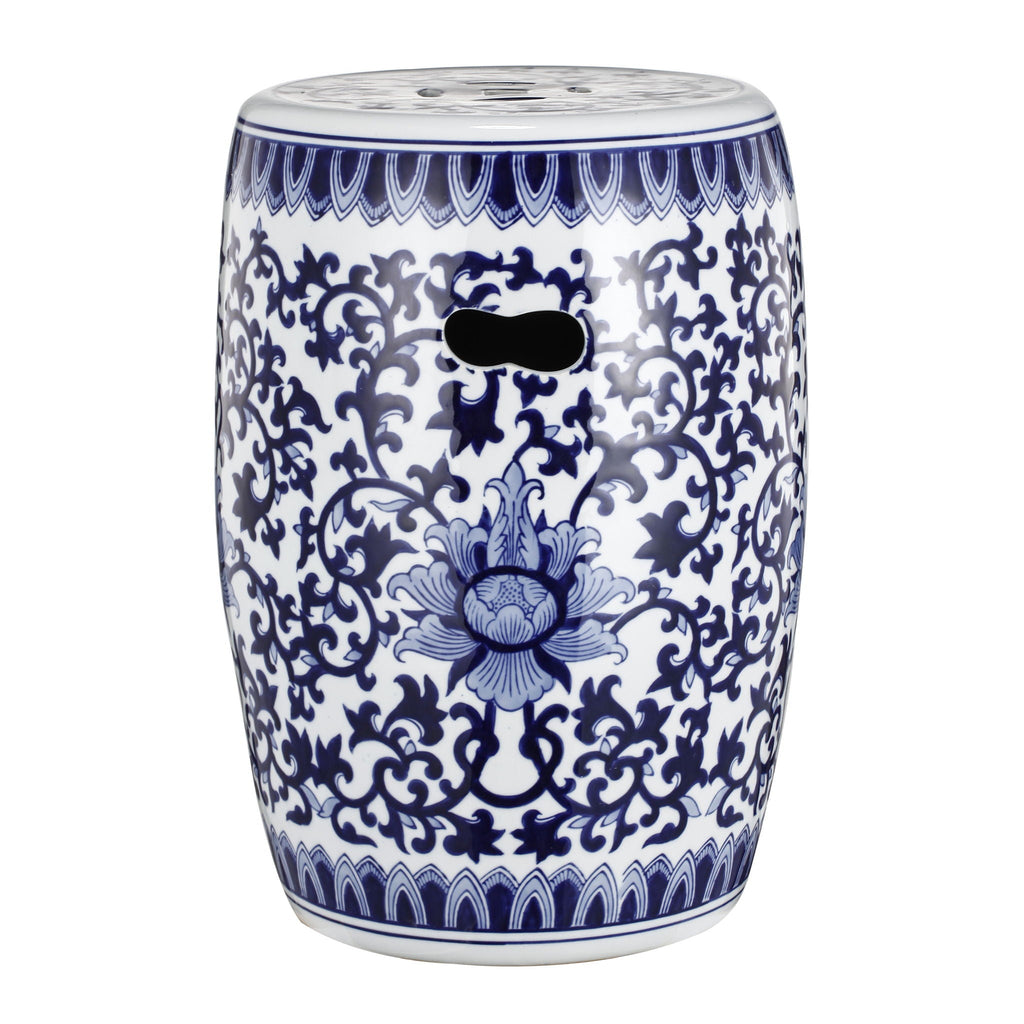 Ceramic Garden Stool, Small Side Tabel - White / Blue