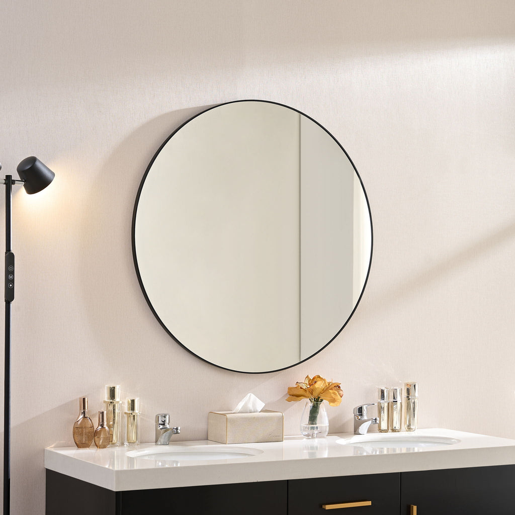 Wall Circular Framed Vanity Mirror For Bathroom, Living Room Decor - Black