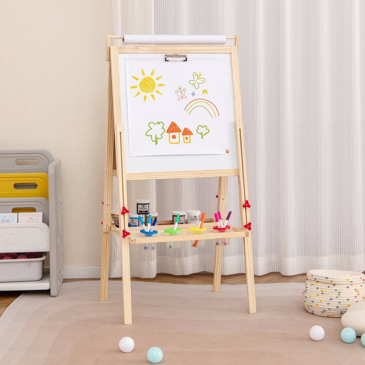 Adjustable Double-sided Easel with 4 Paint Cups-Natutral