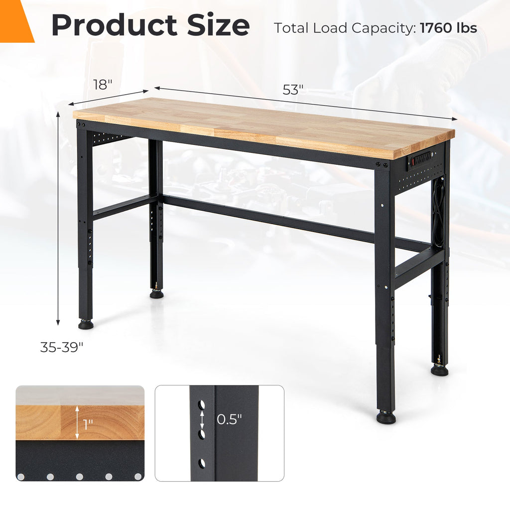 53 Inch Adjustable Heavy-Duty Workbench with Rubber Wood Top