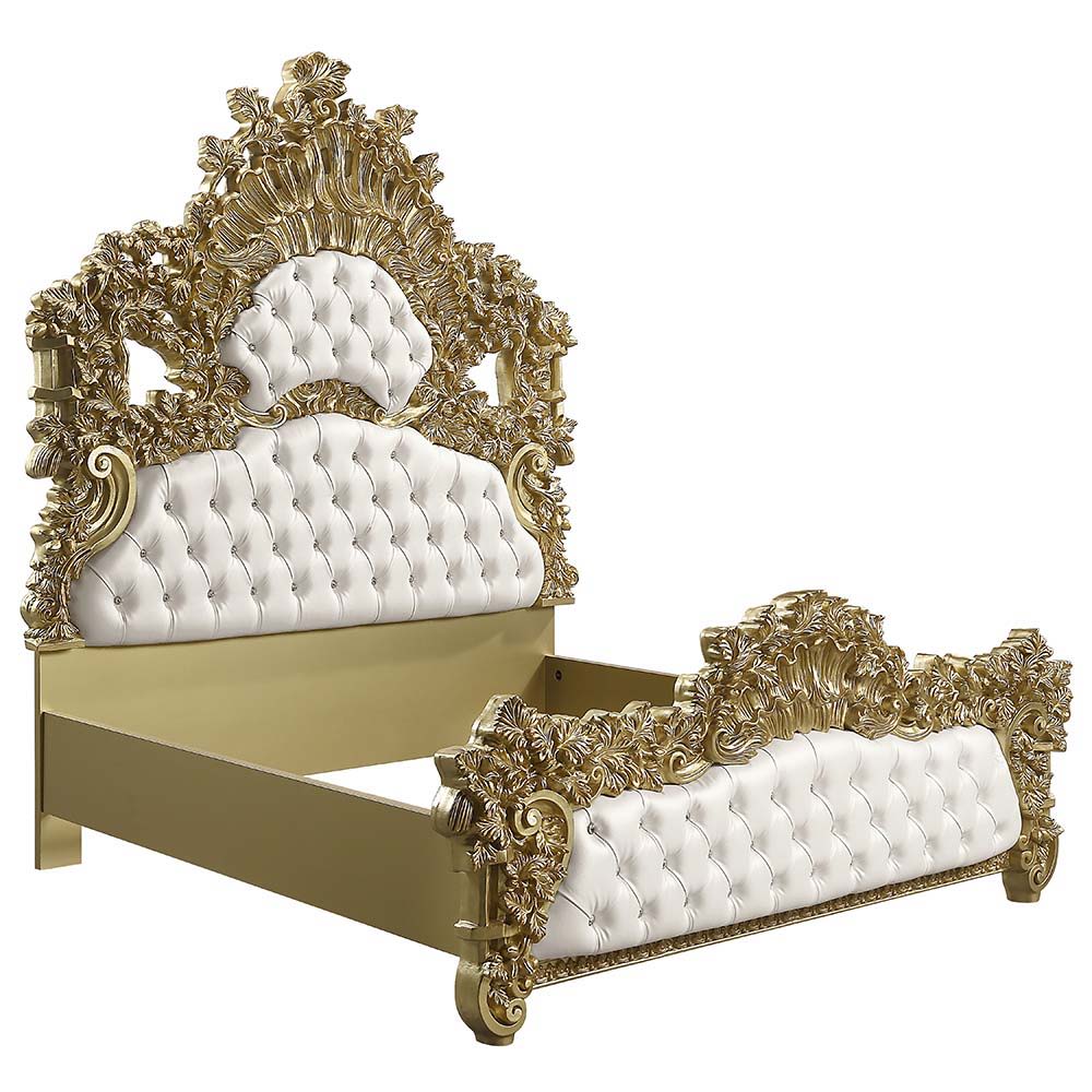 Bernadette - Eastern King Bed - White Synthetic Leather Fabric & Gold