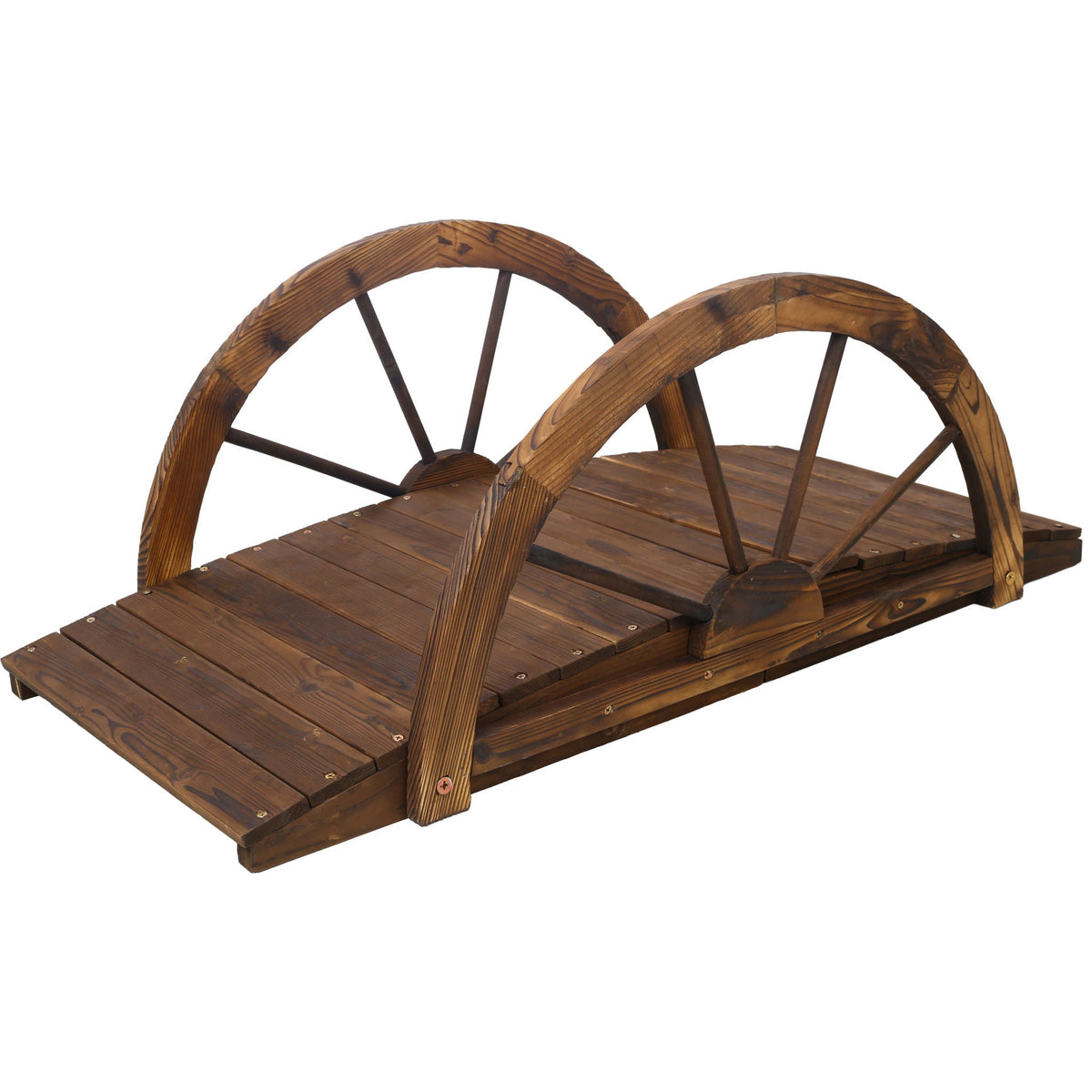 Wooden Garden Bridge Arc Footbridge With Half Wheel Railings Solid Fi - Brown