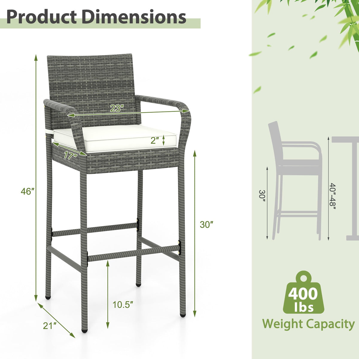 All Weather PE Rattan Bar Chairs Set of 4 with Armrests and Seat Cushions for Porch Backyard