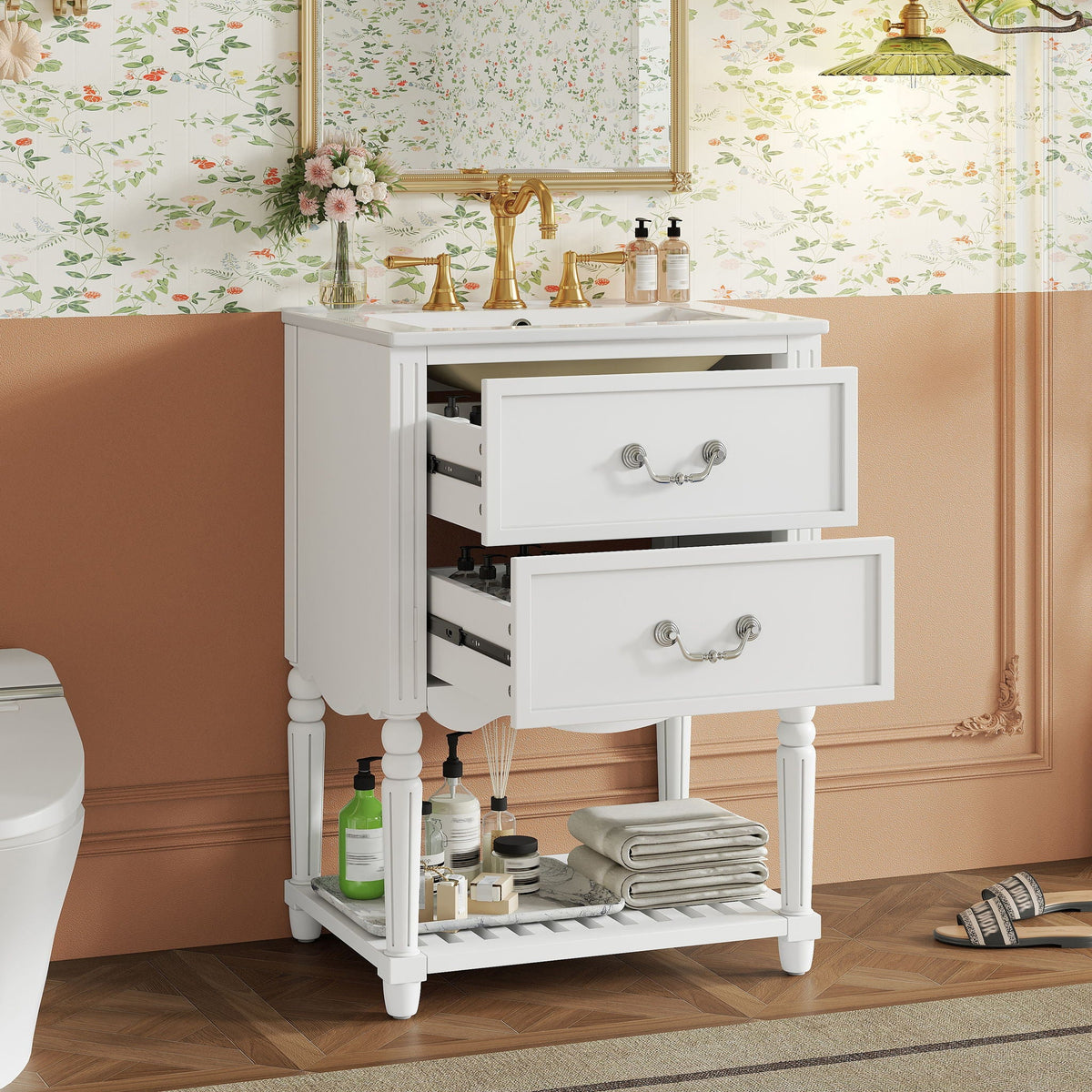 Wave Design Bathroom Vanity With Sink, 2 Drawers And Open Shelf
