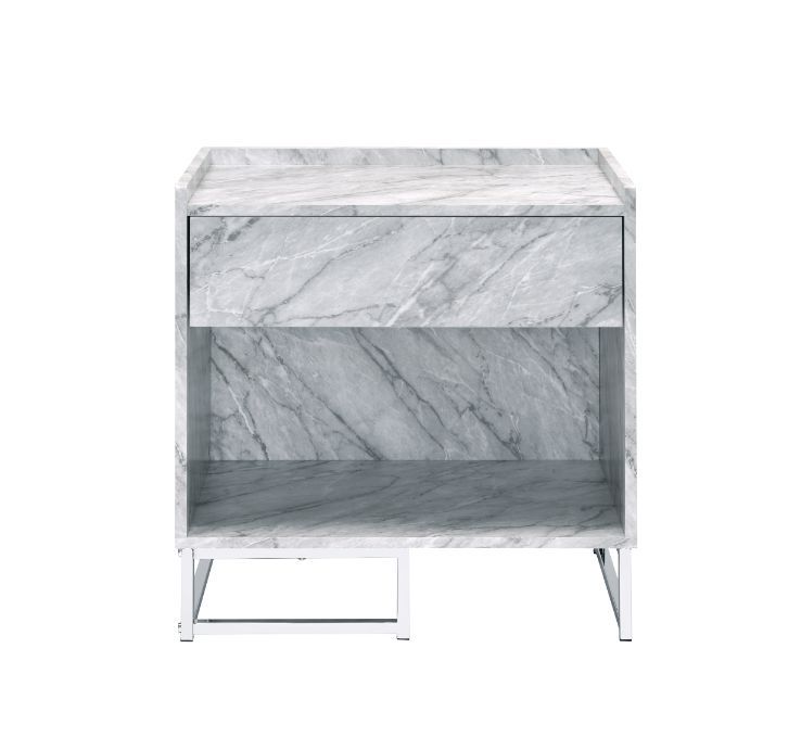 Azrael - Accent Table - White Printed Faux Marble & Chrome